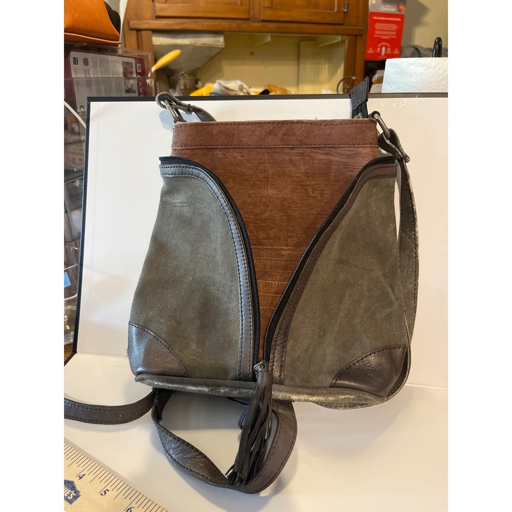 Mona B Upcycled Canvas Leather Crossbody Bag Olive Brown Tassel Distressed